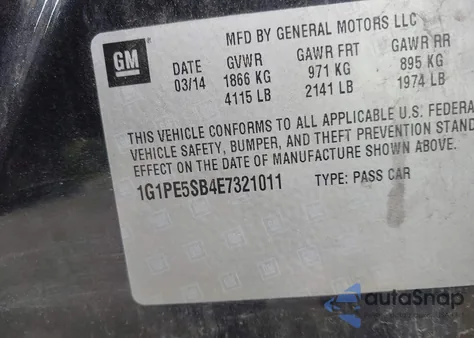 2014 Chevrolet Cruze 2Lt Auto z USA, uszkodzony, nr VIN 1G1PE5SB4E7321011